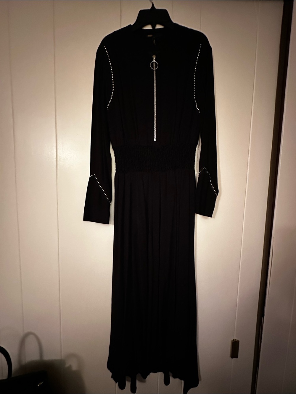 Maje Black Long-Sleeve Zip-Front Maxi Dress with Ring Pull